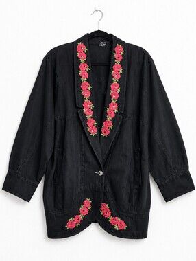 Vintage 90s Art to Wear Rose Embroidered Oversized Black Denim Jacket M Western